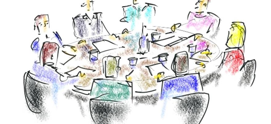 A cartoon of people meeting around a table.